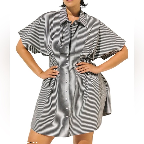 EXQUISE The Tobie Feminine Sexy Striped Shirt Dress With Side Pockets S 2X